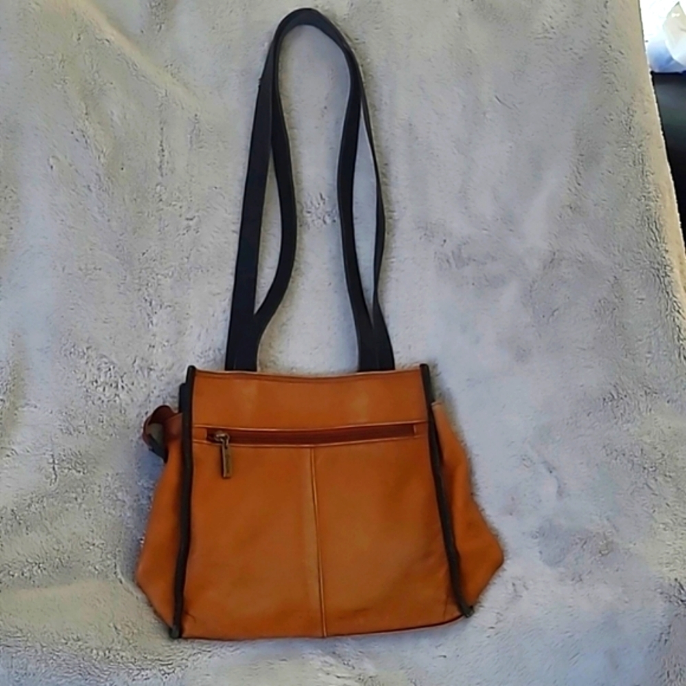 GRAFFEO leather shoulder handbag.  Tan and black.